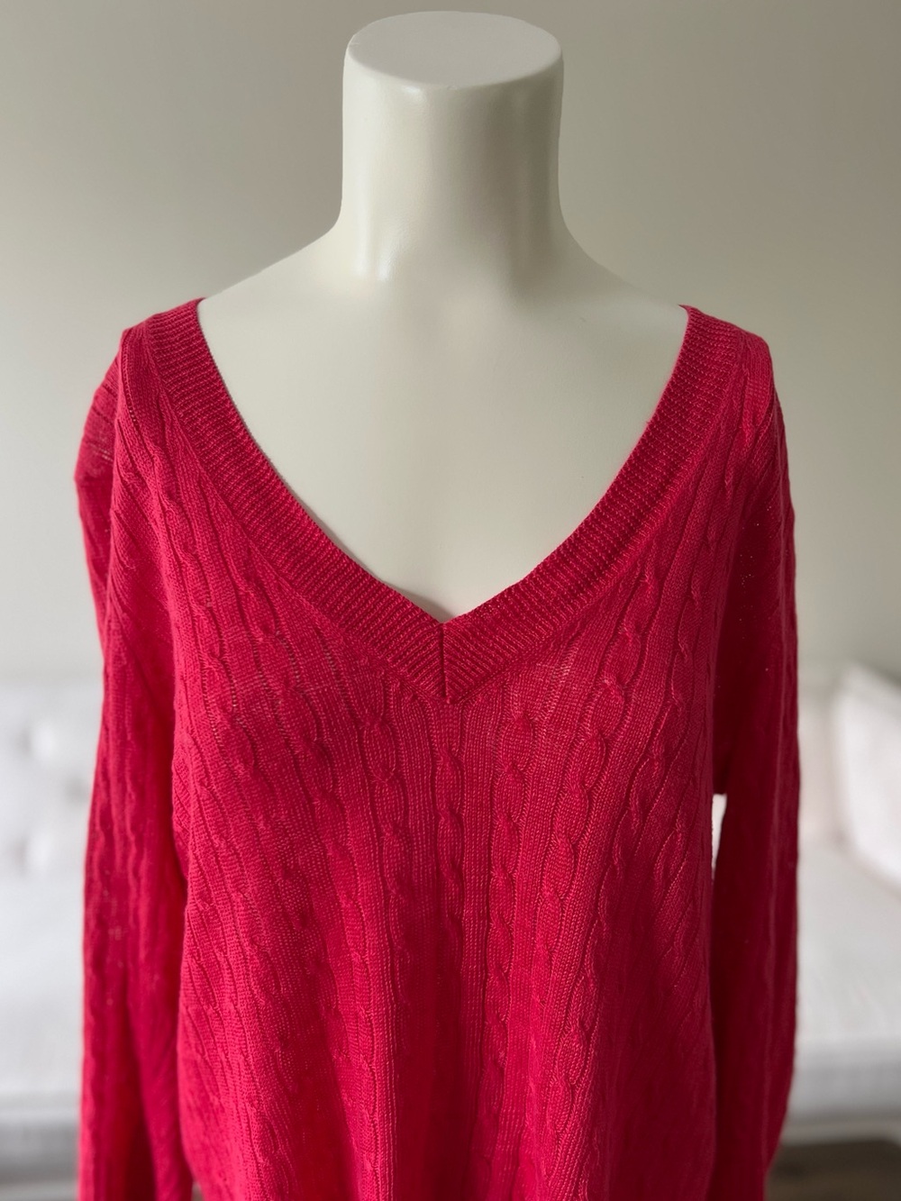 100% Linen J.Crew Vintage Cable Knit Sweater Pink V-Neck